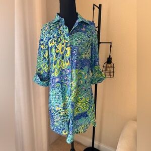 Lilly Pulitzer Lilly’s Lagoon Tunic Shirt Dress XS Blue Green Button Down Preppy
